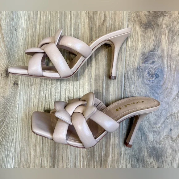 Coach Blush Nude Leather Knotted Mule Heels Square Toe Size 7 - Picture 5 of 9